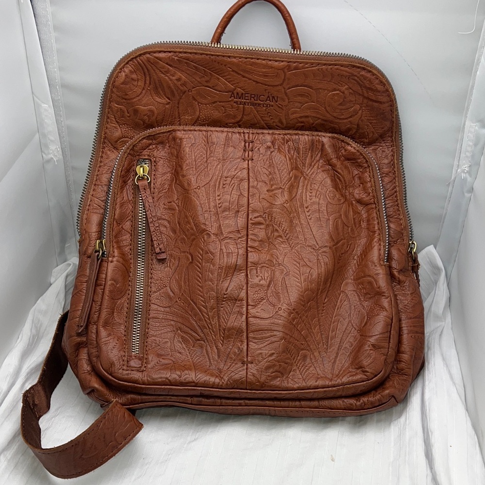 American Leather Company West Embossed Leather Brown Backpack Purse Used 1x